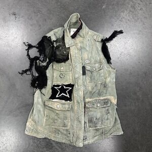 Mudd custom distressed denim vest with black lace and star patchwork. Size Lg